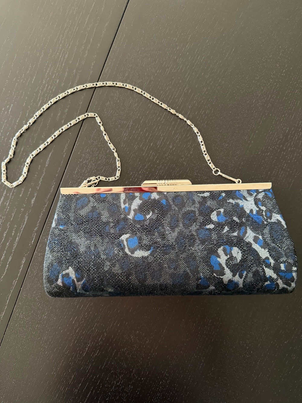 Blue Leopard-Print Evening Clutch with Silver Chain